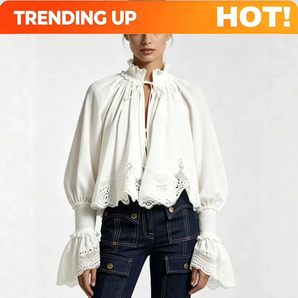 Puff Sleeve Blouse - Customization Women's Vintage Hollow Lace Blouse