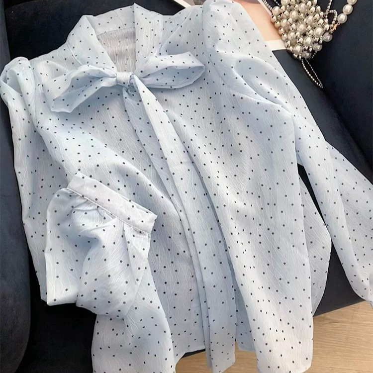 Puff Sleeve Blouse - Light Blue Tiny Black Polka Dot