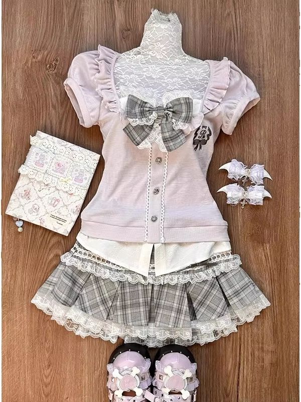 Pleated Skirt Women - Women's pink lace patchwork top with