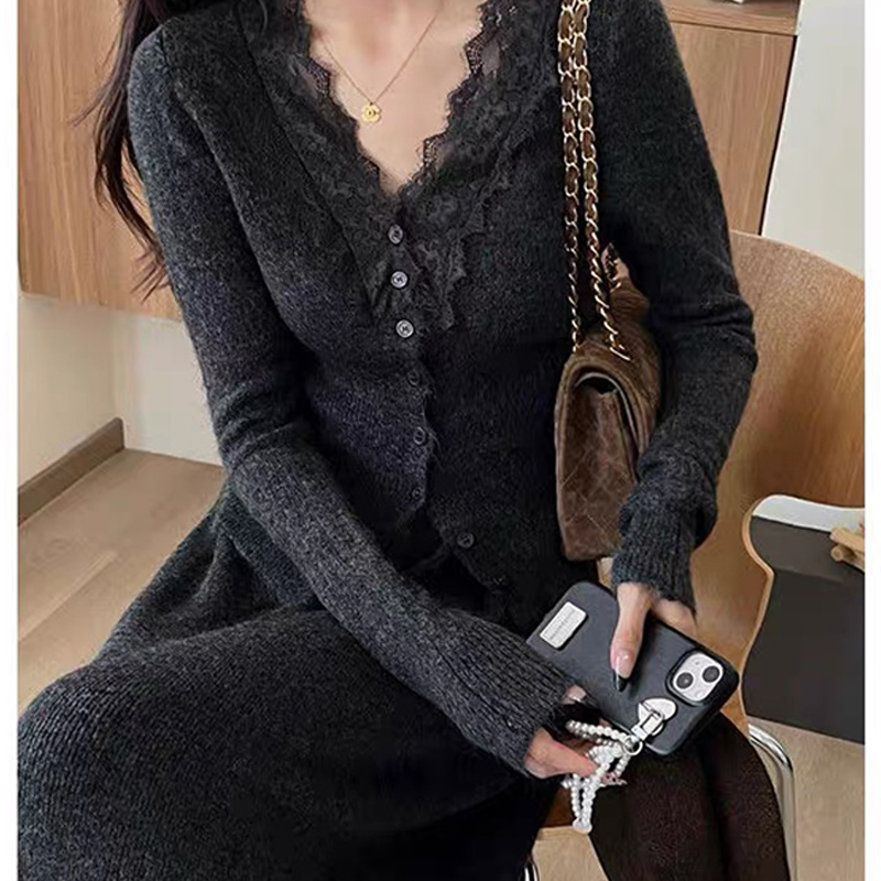 Korean Lace Long-sleeved Knitt - Longline Cardigan Knit recension och pris