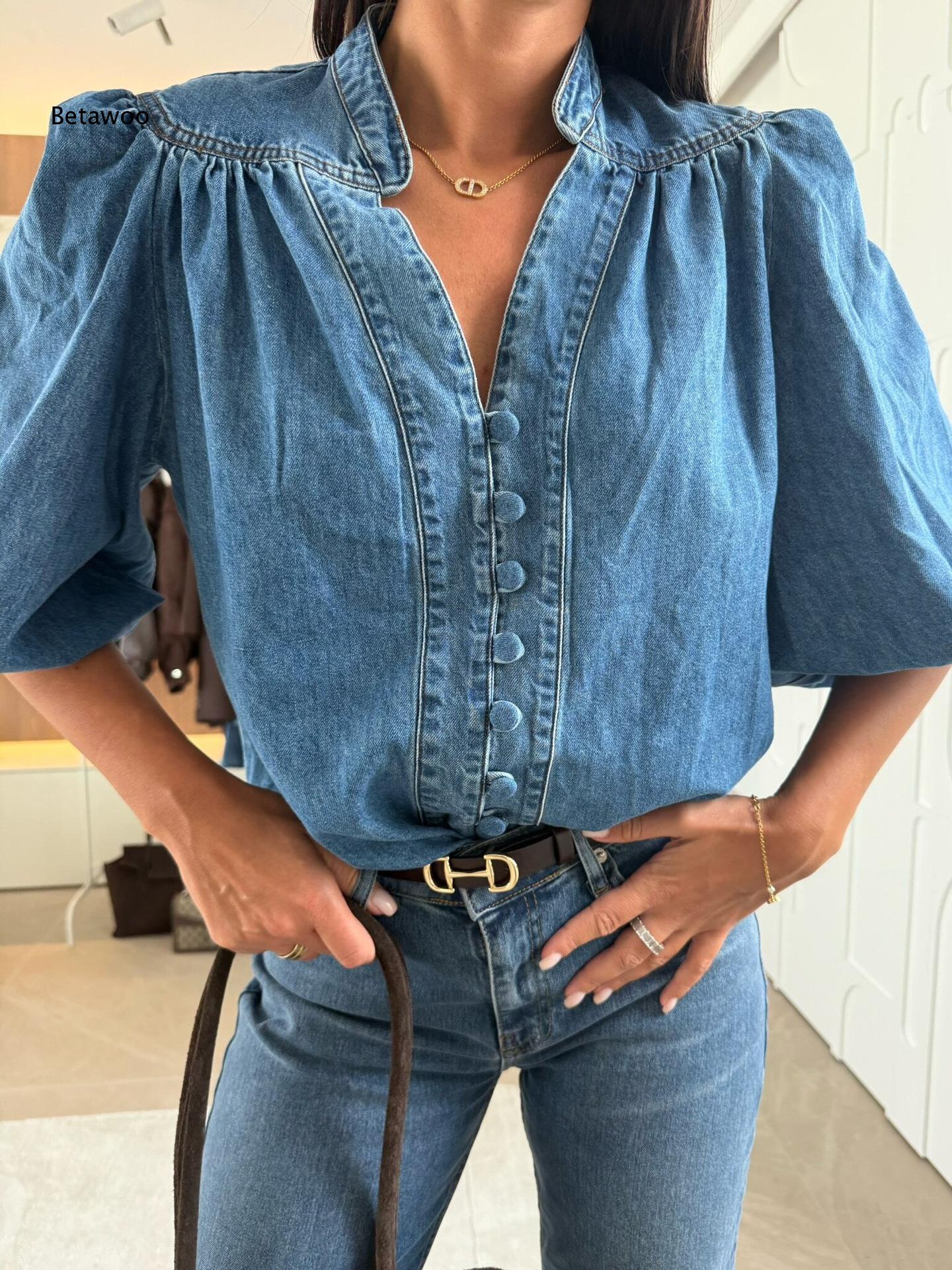 Women Stand Collar V Neck Deni - Puff Sleeve Blouse recension och pris